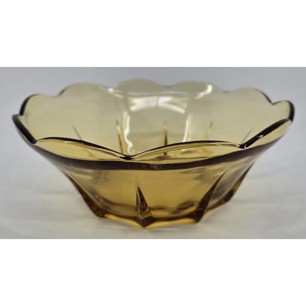 Vintage 70s Anchor Hocking Amber Glass Bowl Panel Slant Side Scalloped‎ Rim 8x3